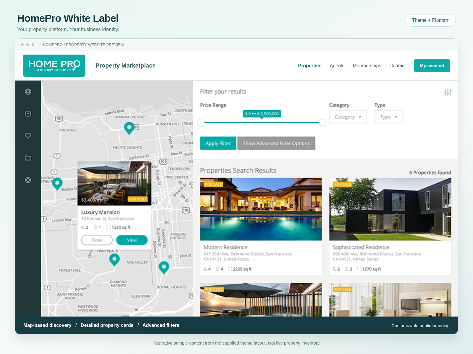 HomePro White Label map and property-card layout with illustrative sample listings