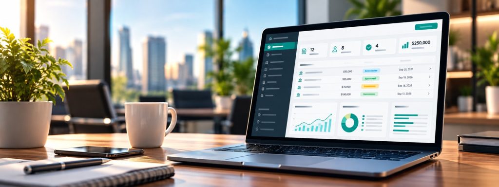 Illustrative lending dashboard on an office laptop